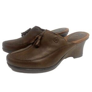Ariat 5.5 M Slip on Wedge Mules Brown Clogs Leather Tassels Women Shoes Western